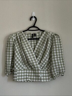 Vero Moda Olive Green Gingham Wrap Blouse